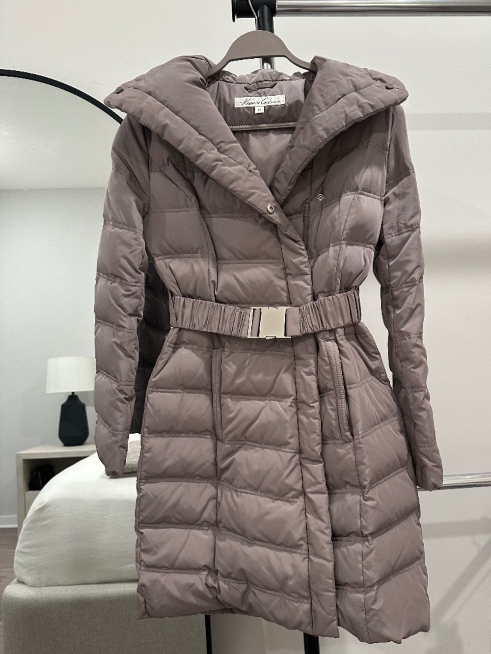 Kenneth Cole Long Belted Puffer Coat in Taupe- Size XS